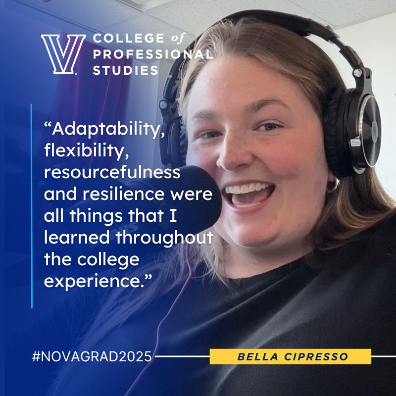 Graphic showing Bella Cipresso radio DJ'ing.. Quote: “Adaptability, flexibility, resourcefulness and resilience were all things that I learned throughout the college experience.”
