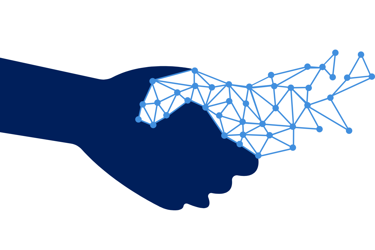 image of a human hand shaking a robotic AI-powered hand